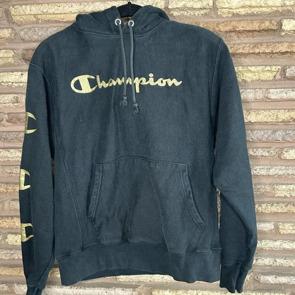 Champion Vintage Black Reverse Weave Hoodie Sweatshirt Size Medium - Picture 1 of 7